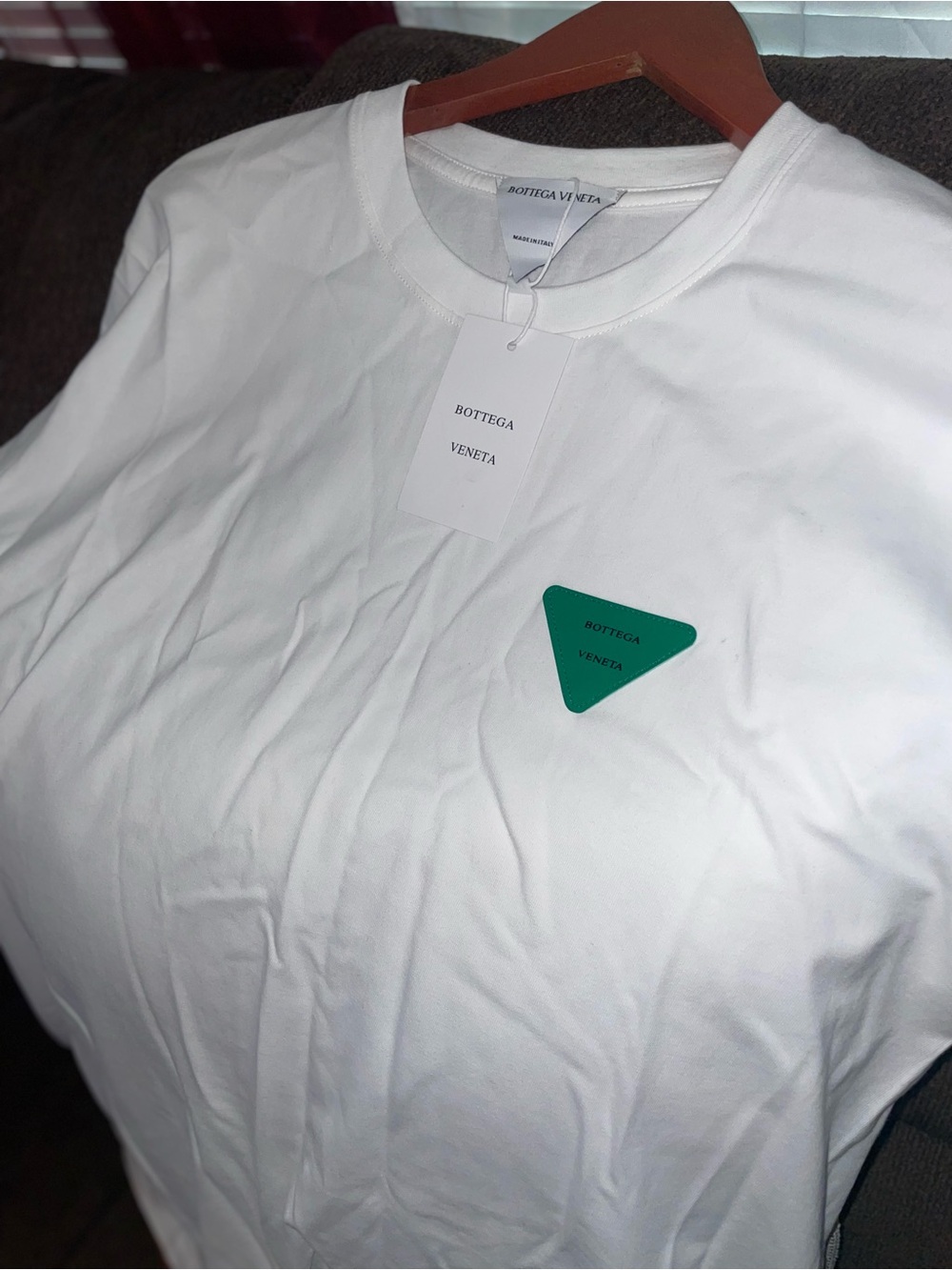 Bottega Veneta White Short-Sleeve Tee with Green Triangle Logon Mens XXL - Picture 5 of 6